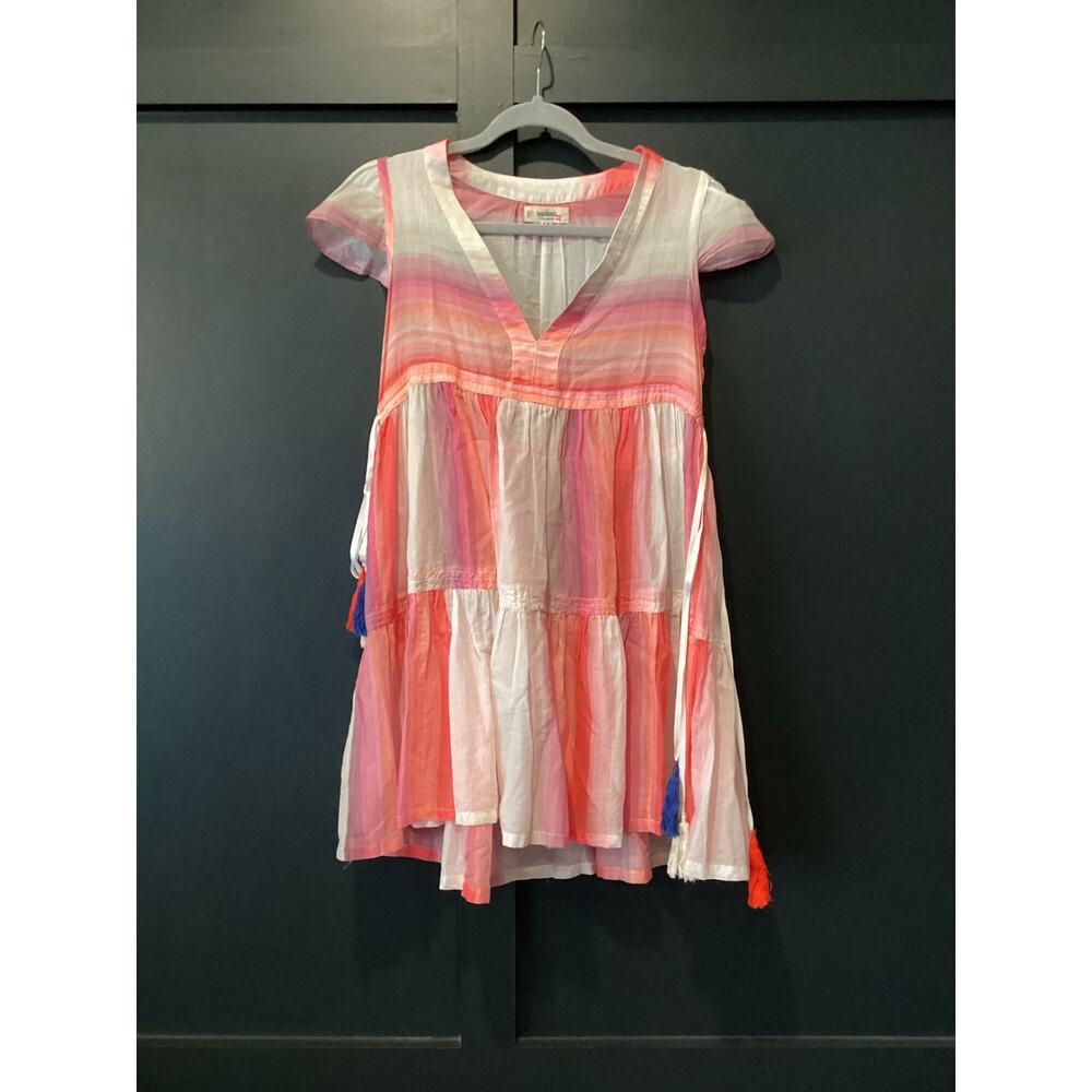 LemLem Boho multi color striped tassle cotton cover up tunic dress XS